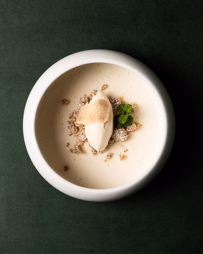Top-down view of a creamy dessert in a white bowl, topped with a scoop of ice cream or mousse, crumbled biscuit pieces, and a small sprig of fresh mint, set against a dark green background.